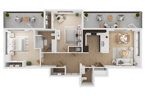 A top-down view of a modern apartment layout with a kitchen, living room, dining area, and bedrooms  at Spyglass Hill Apartments, Bremerton, 98337